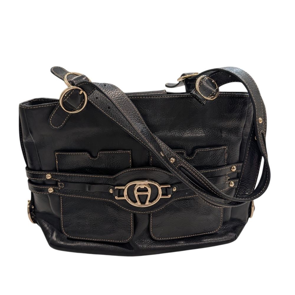 Vintage Etienne Aigner Black Leather Shoulder Bag Horseshoe Logo Multi Pocket